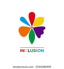 Inclusion logo concept. Diversity and inclusivity. Flower with different petals. Icon, logotype. Background with text inscription