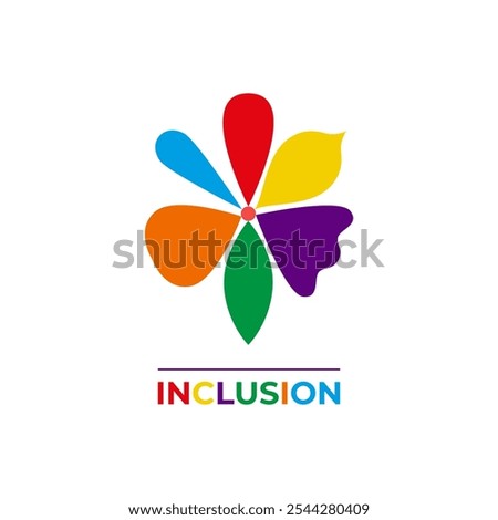 Inclusion logo concept. Diversity and inclusivity. Flower with different petals. Icon, logotype. Background with text inscription