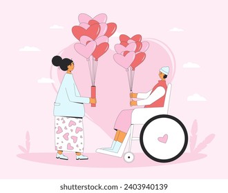 Inclusion love. Valentine's Day gift exchange. Couple giving and receiving presents. Dating. February 14 romantic couple. Vector flat illustration