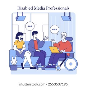 Inclusion in media concept. Colleagues with and without disabilities collaborating in a modern workplace. Diversity and accessibility in professional settings. Vector illustration.