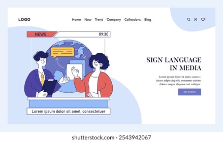 Inclusion in media concept. A presenter and sign language interpreter on a news website promoting accessibility. Diverse communication in digital platforms. Vector illustration.