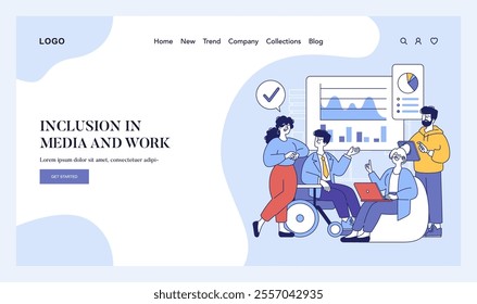 Inclusion in media and work concept. Collaborative workspace with diverse employees engaging in teamwork. Workplace accessibility and equal opportunity. Vector illustration.