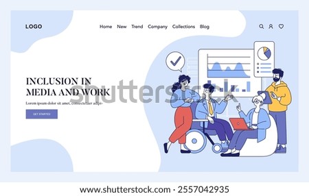 Inclusion in media and work concept. Collaborative workspace with diverse employees engaging in teamwork. Workplace accessibility and equal opportunity. Vector illustration.
