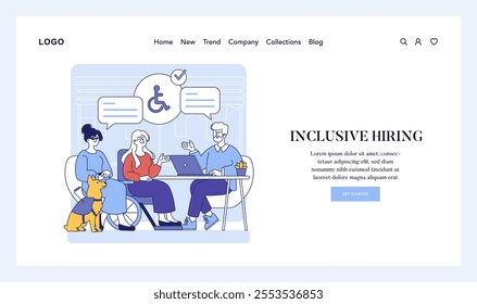 Inclusion in media and work concept. Diverse team members engaging in a workplace discussion. Professional, accessible, and supportive work environment. Vector illustration.