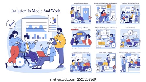 Inclusion in Media and Work set. Diversity and accessibility in professional environments. Office adaptation for disability, remote opportunities, sign language news. Vector illustration.