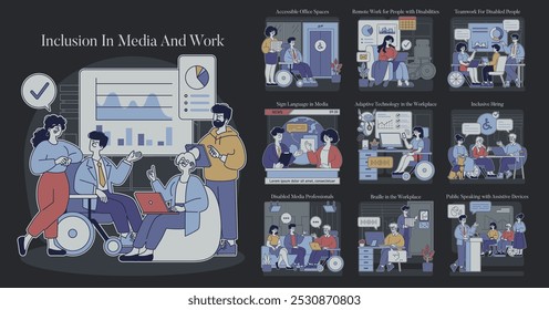 Inclusión en Media y Work set. Diversidad en el empleo y la comunicación a través de la accesibilidad y las tecnologías. Colaboración, trabajos remotos e inclusión de los medios. Ilustración vectorial.