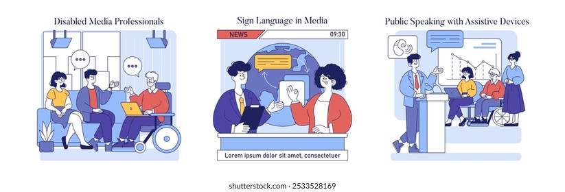 Inclusion in media and workplace set. Diverse professionals collaborating with assistive technology and sign language. Accessibility and equality in employment. Vector illustration.