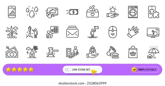 Inclusion, Online buying and Home insurance line icons for web app. Pack of Phone puzzle, Mail, Donation pictogram icons. Burger, Cloud computing, Money transfer signs. Judge hammer. Vector