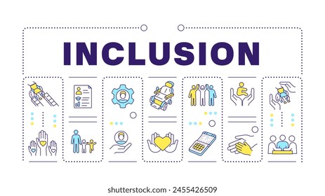 Inclusion purple word concept isolated on white. Diversity business disability. Social justice. Creative illustration banner surrounded by editable line colorful icons. Hubot Sans font used