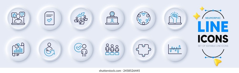 Inklusion, Report Document und Empower Line Icons für Web App. Pack von Teilen, Verifizierungs-Person, Puzzle-Piktogramm-Symbole. Bestandsanalyse, Teamwork-Diagramm, Video-Konferenzzeichen. Vektorgrafik