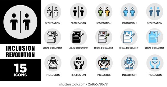 Conjunto de iconos de INCLUSION REVOLUTION con varios estilos y colores de rendimiento de sostenibilidad corporativa para el filtrado de inversiones	
