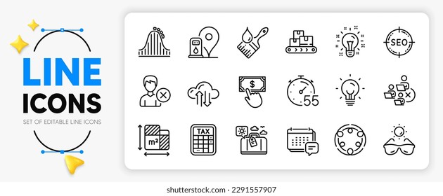 Inclusion  Roller coaster   Energy line icons set for app include Payment click  Idea  Remove account outline thin icon  Cloud sync  Tax calculator  Brush pictogram icon  Seo  Timer  Vector
