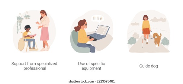 Inclusion school practice isolated cartoon vector illustration set. Support from specialized professional, use of specific equipment, guide dog, books in Braille, blind children vector cartoon.