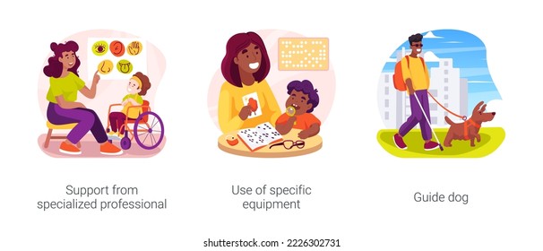 Inclusion school practice isolated cartoon vector illustration set. Support from specialized professional, use of specific equipment, guide dog, books in Braille, blind children vector cartoon.