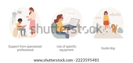 Inclusion school practice isolated cartoon vector illustration set. Support from specialized professional, use of specific equipment, guide dog, books in Braille, blind children vector cartoon.