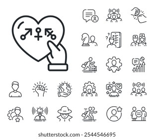 Inclusion sign. Specialist, doctor and job competition outline icons. Genders line icon. Gender diversity symbol. Genders line sign. Avatar placeholder, spy headshot icon. Strike leader. Vector