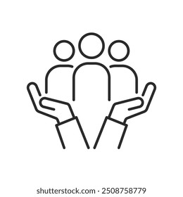 Icono de equidad social de inclusión. Guardar Grupo de personas de línea delgada, cuidado comunitario, icono de grupo de personas. Icono de Vector de trazo plano editable.