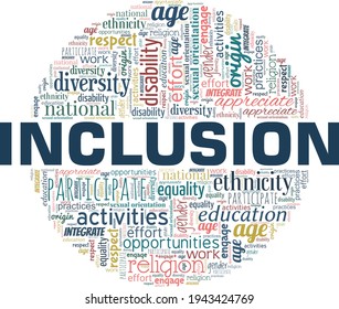 Inclusion vector illustration word cloud isolated on a white background.