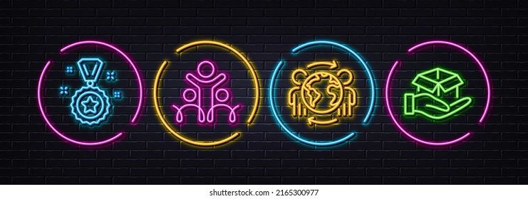 Inclusion, Winner reward and Global business minimal line icons. Neon laser 3d lights. Hold box icons. For web, application, printing. Equity justice, Best award, Outsourcing. Delivery parcel. Vector