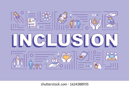 Inclusion word concepts banner. Handicapped people. Disabilities aid. Infographics with linear icons on purple background. Isolated typography. Vector outline RGB color illustration