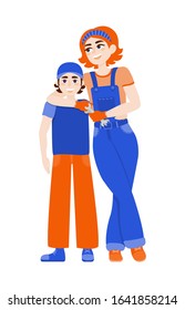 Inclusion work and education. Unisex work. Mechanic woman and boy. Gender equality. Vector illustration on white background.
