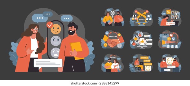 Inclusion at Work set. Professionals collaborate on projects, promote equality, and support colleagues. Celebrating diversity, ensuring accessibility. Team discussions, mutual respect. Flat vector