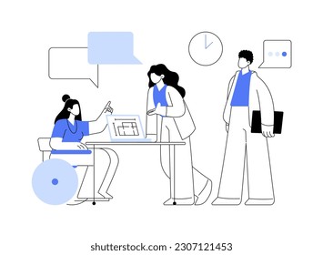 Inclusión en un lugar de trabajo abstracto concepto de ilustración vectorial. Empleados en silla de ruedas, entorno de trabajo inclusivo de la diversidad, recursos humanos, agencia de cacería de cabezas, persiguen metáforas abstractas de carrera.