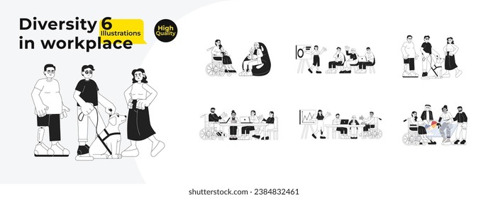 Inclusion in workplace black and white cartoon flat illustration bundle. Diverse multiracial office workers linear 2D characters isolated. Coffee break, meeting monochromatic vector image collection