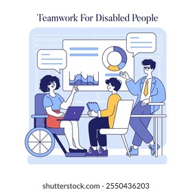 Inclusion in the workplace concept. Diverse team collaborating in an office setting with a wheelchair user. Workplace equality and accessibility. Vector illustration.