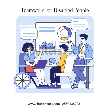 Inclusion in the workplace concept. Diverse team collaborating in an office setting with a wheelchair user. Workplace equality and accessibility. Vector illustration.