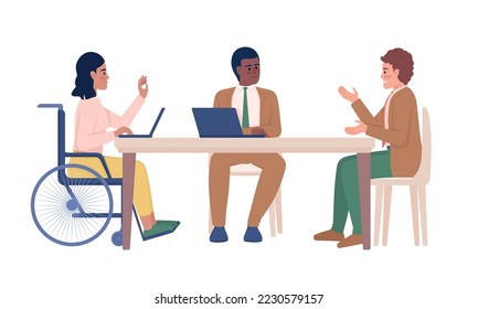 Inclusion in workplace semi flat color vector characters. Business meeting. Editable figures. Full body people on white. Simple cartoon style illustrations for web graphic design and animation