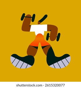 Inclusive Black woman with prosthetic leg exercising with dumbbells to develop strength. Flat vector illustration for sstkWellness.