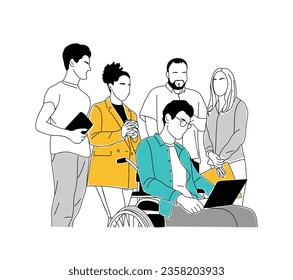 Inclusive business concept illustration. Young men and women working together, standing with disabled man in wheelchair. Vector outline drawing for graphic, web design Isolated on white background