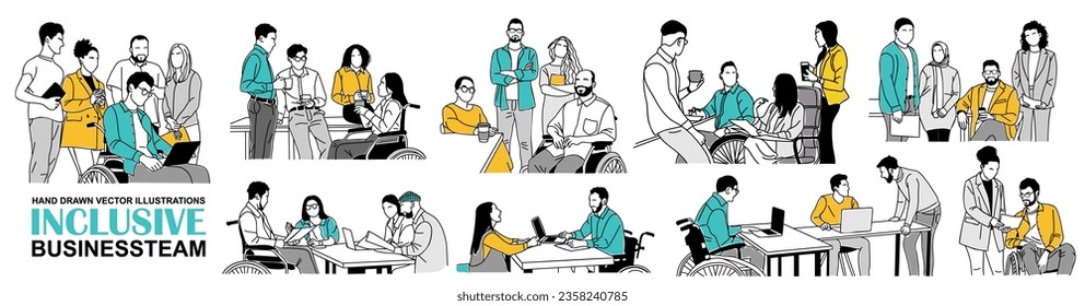 Inclusive business concept illustrations. Set of different men and women working together with disabled person in wheelchair. Diverse business team. Modern vector design Isolated on white background