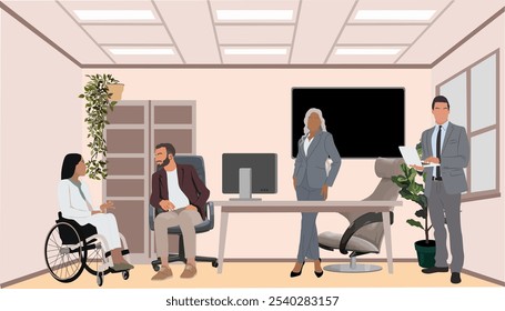 Equipo de negocios inclusivo trabajando en oficina moderna. Diversos hombres de negocios y mujeres de negocios con ropa formal, trajes que participan en reuniones, lluvia de ideas, discusiones. Ilustración de la escena del Vector.