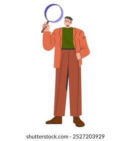 Inclusive businessman concept. A stylish male figure holding a magnifying glass represents diverse professionals. Modern office attire, workplace investigation. Vector illustration.