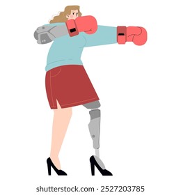 Conceito de empresária inclusiva. Uma figura feminina com uma perna protética usando luvas de boxe, pronta para desafios corporativos. Ilustração vetorial.