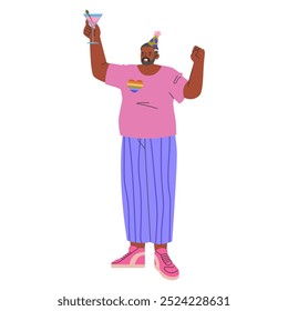 Inclusive celebration concept. Joyful businessman in party hat, raising glass with diverse heart emblem. Corporate festivity diversity. Vector illustration.