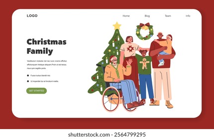 Inclusive Christmas celebration concept. Multigenerational family enjoys festive season, with wheelchair accessibility. Unity, love, and holiday spirit in the home setting. Vector illustration.