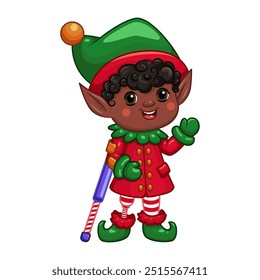 Inclusive Christmas elf character design with cane, festive clothing and a friendly expression. Perfect for holiday cards, decorations, campaigns promoting diversity and disability representation