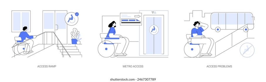 Inclusive city environment isolated cartoon vector illustrations set. Man in a wheelchair uses special ramp, elevator in the metro for disabled people, struggling with access vector cartoon.