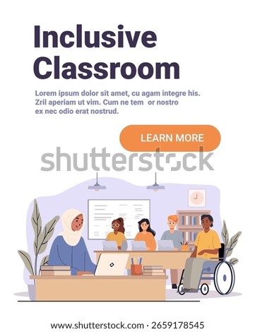 Inclusive classroom diverse students learning teacher desk wheelchair collaborative education laptops books modern school interior website banner