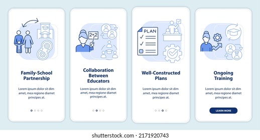 Inclusive classrooms light blue onboarding mobile app screen. Walkthrough 4 steps editable graphic instructions with linear concepts. UI, UX, GUI template. Myriad Pro-Bold, Regular fonts used