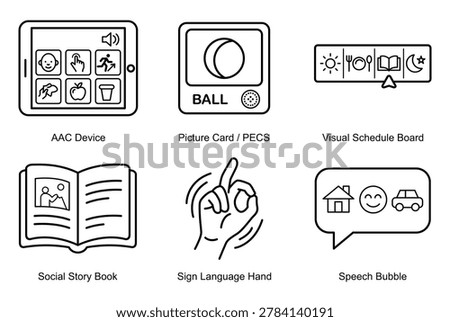 Inclusive Communication Line Icons with AAC Symbols, PECS Cards, Social Story Book and Sign Language