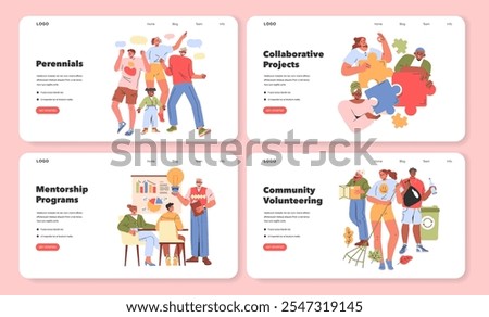 Inclusive community set. Multigenerational interaction through perennials, collaborative projects, mentorship, and volunteering. Diverse age groups engaging in society. Vector illustration.