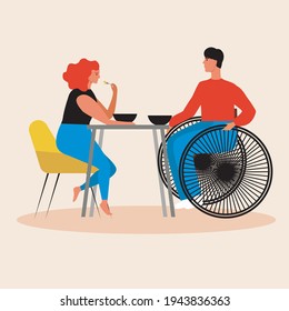 Inclusive couple having dinner together. Flat vector stock illustration. Disabled person in a wheelchair with a girlfriend at the table. People are talking. The concept of love. Vector graphics