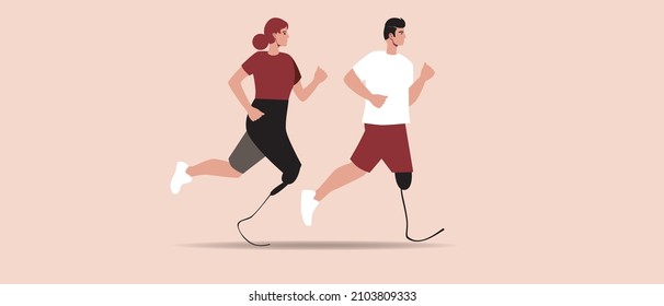 Inclusive couple isolated running with prosthesis. Flat vector stock illustration. Runners woman and man. A disabled person with a prosthesis is running. Two together. Vector graphics