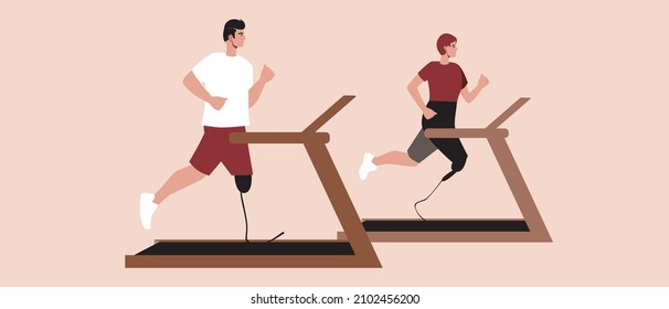 Inclusive couple on a treadmill running with a prosthesis. Flat vector stock illustration. Runners woman and man isolated. Disabled person's sport and activity. Sports inclusiveness concept