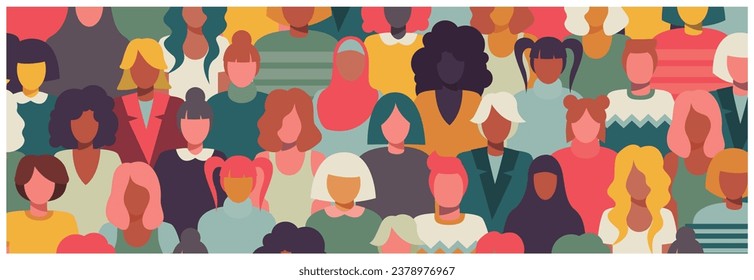 Inclusive crowd of girls and women portraits. Vector and colorful illustration. Separated items. Horizontal format.