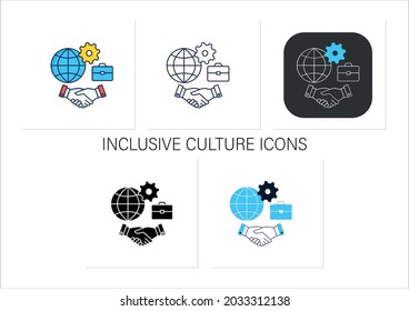 Inclusive culture icons set.Respect,equity,positive differences recognition.Equal employees rights. Talent management.Collection of icons in linear, filled, color styles.Isolated vector illustrations